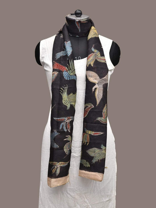 Black Kalamkari Hand Painted Silk Handloom Stole with Birds Design ds2261