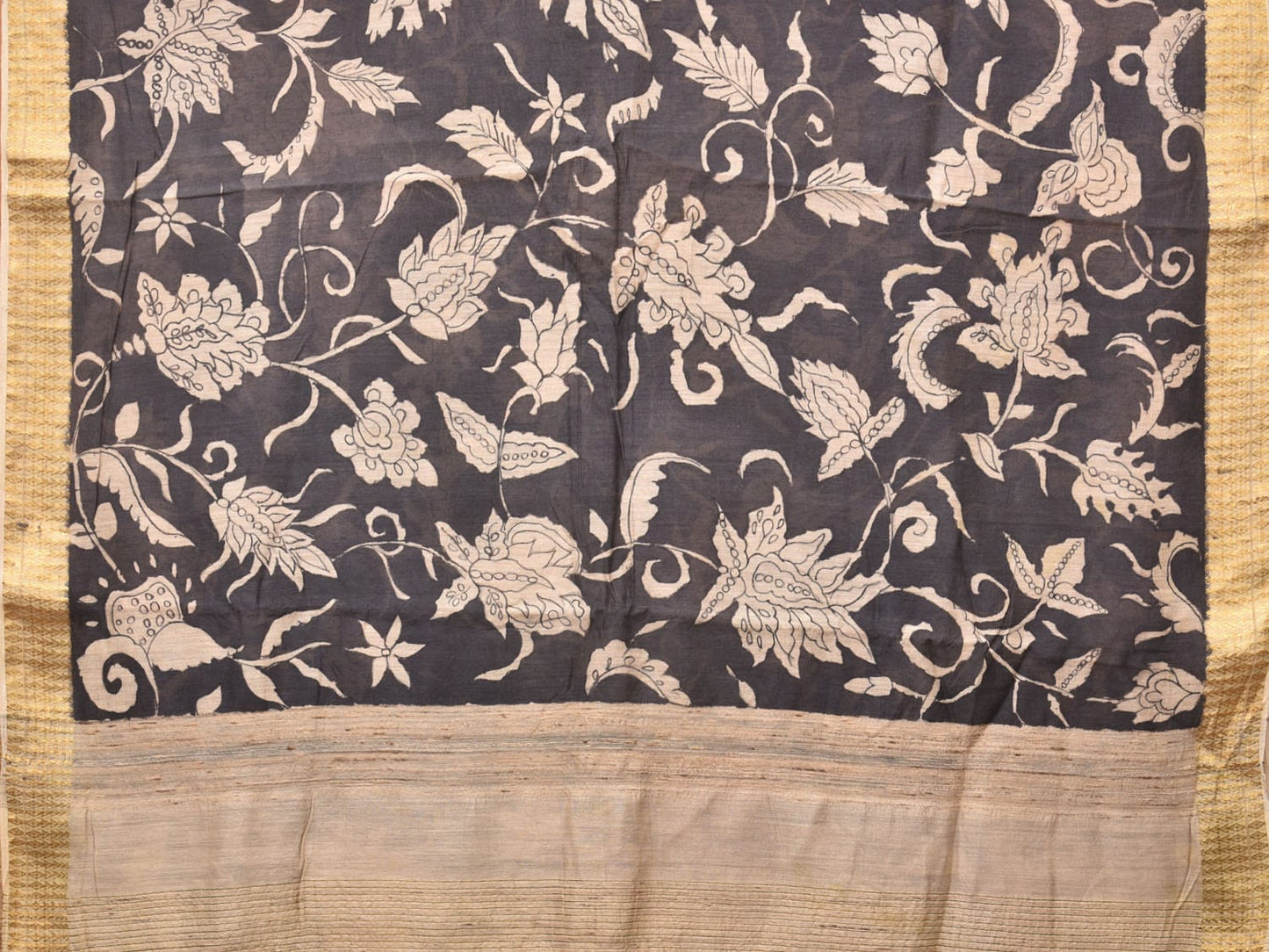 Black Kalamkari Hand Painted Tussar Cotton Handloom Saree with Floral Design KL0736