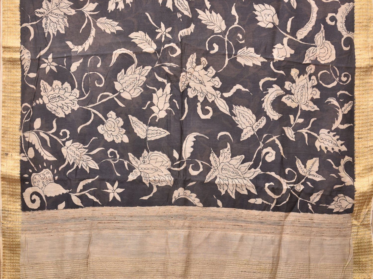Black Kalamkari Hand Painted Tussar Cotton Handloom Saree with Floral Design KL0736