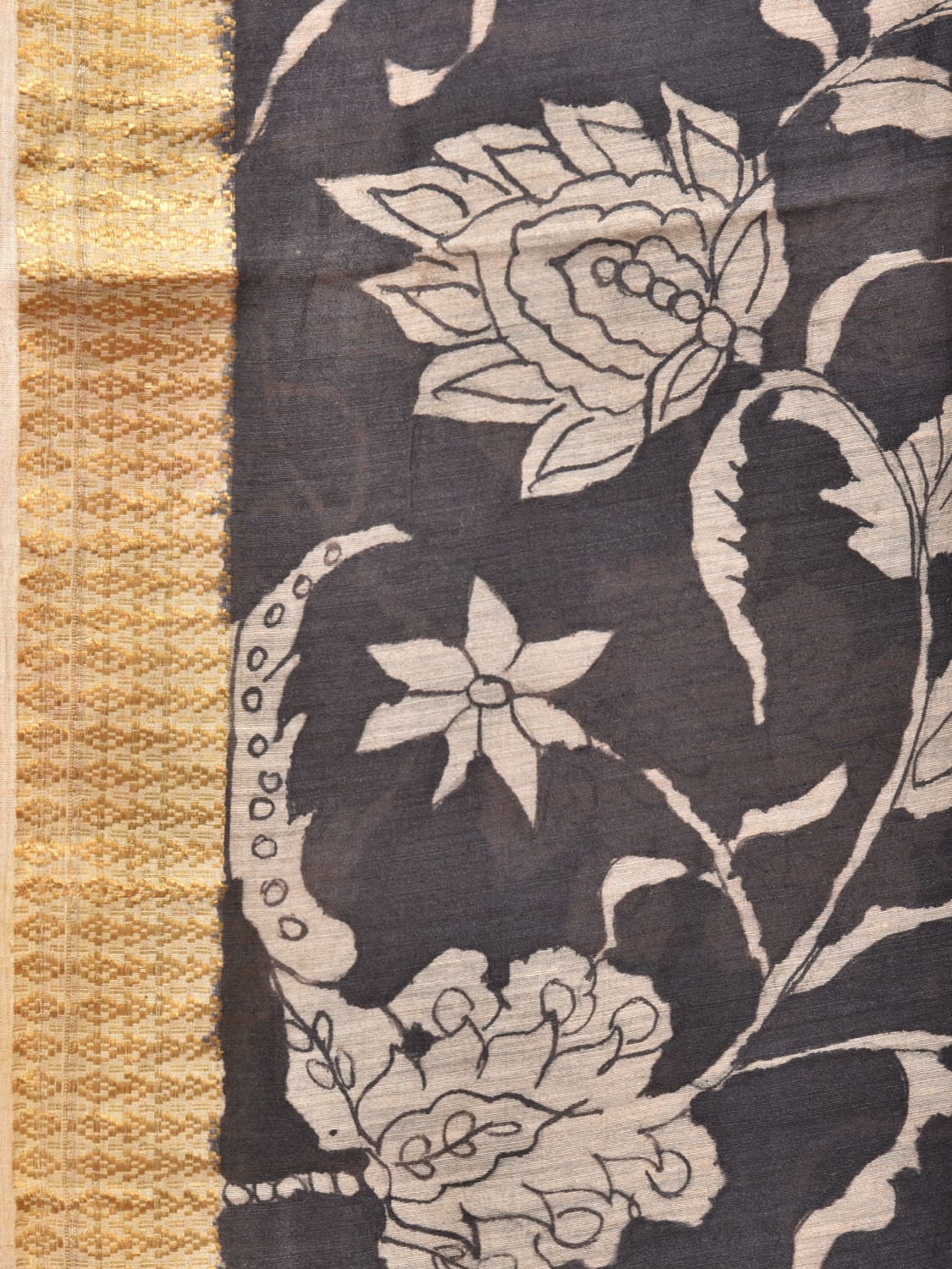 Black Kalamkari Hand Painted Tussar Cotton Handloom Saree with Floral Design KL0736