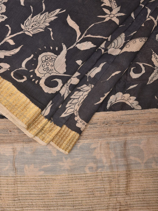Black Kalamkari Hand Painted Tussar Cotton Handloom Saree with Floral Design KL0736