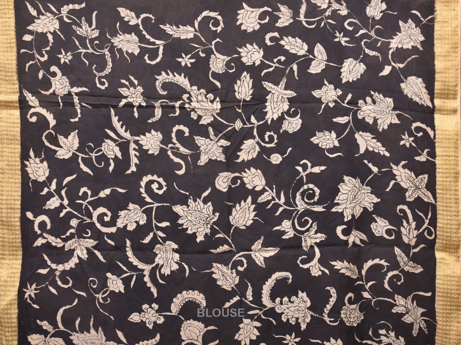 Black Kalamkari Hand Painted Tussar Cotton Handloom Saree with Floral Design KL0736