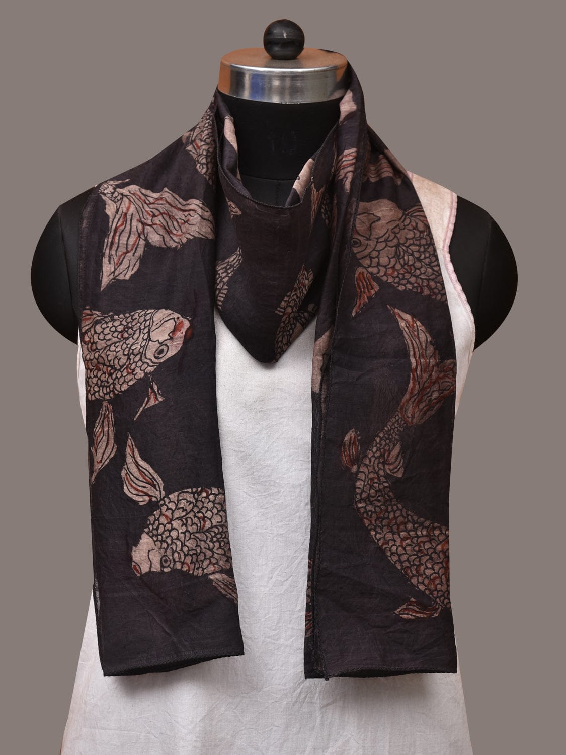 Black Kalamkari Hand Painted Tussar Cotton Handloom Stole with Fishes Design ds3525