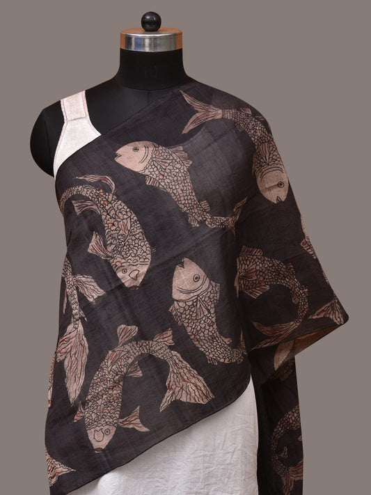 Black Kalamkari Hand Painted Tussar Cotton Handloom Stole with Fishes Design ds3525