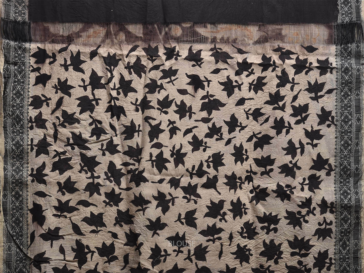 Black Kalamkari Hand Painted Tussar Cotton Saree with Big Floral Design KL0810