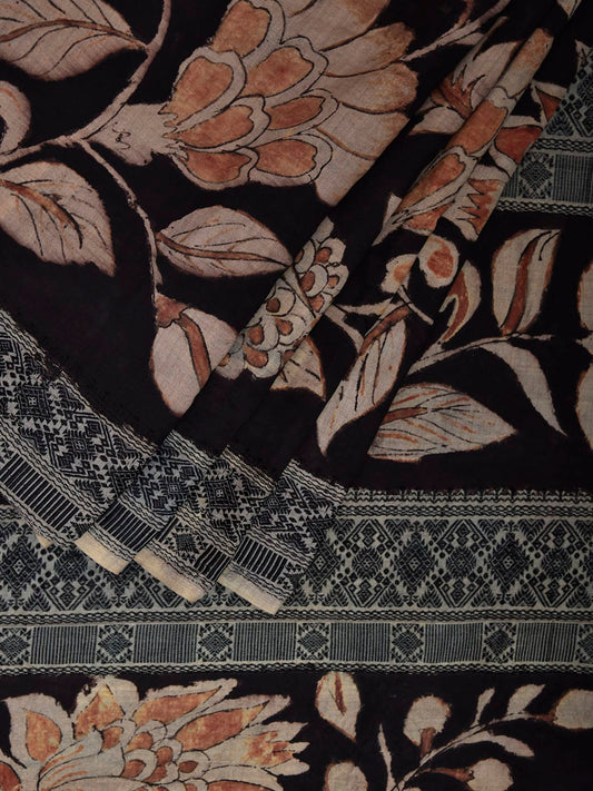 Black Kalamkari Hand Painted Tussar Cotton Saree with Big Floral Design KL0810