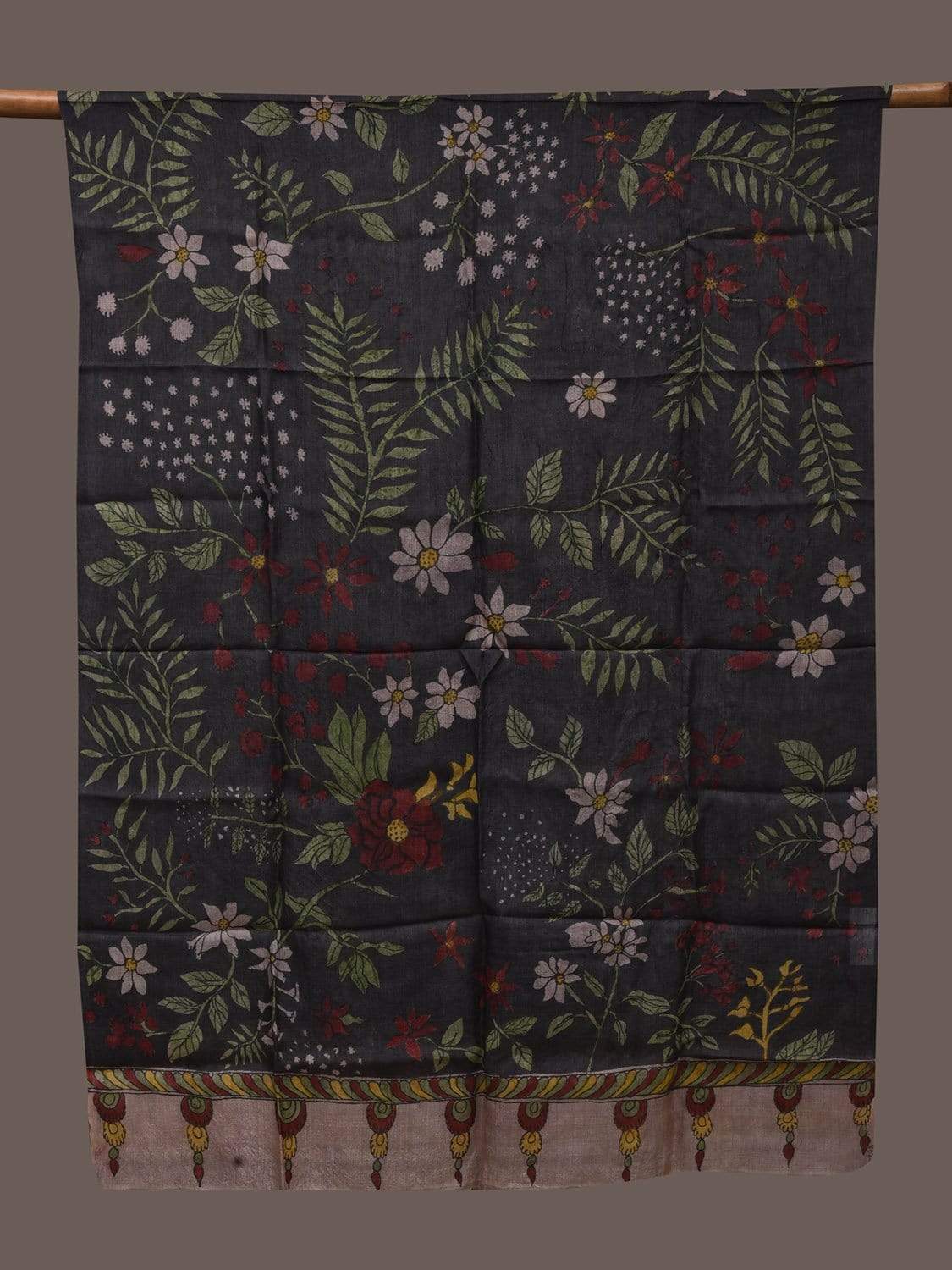 Black Kalamkari Hand Painted Tussar Handloom Dupatta with Floral Design ds2383