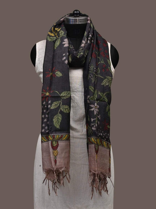 Black Kalamkari Hand Painted Tussar Handloom Dupatta with Floral Design ds2383