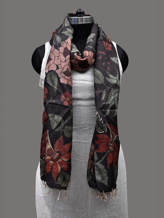 Black Kalamkari Hand Painted Tussar Handloom Dupatta with Floral Design ds2406