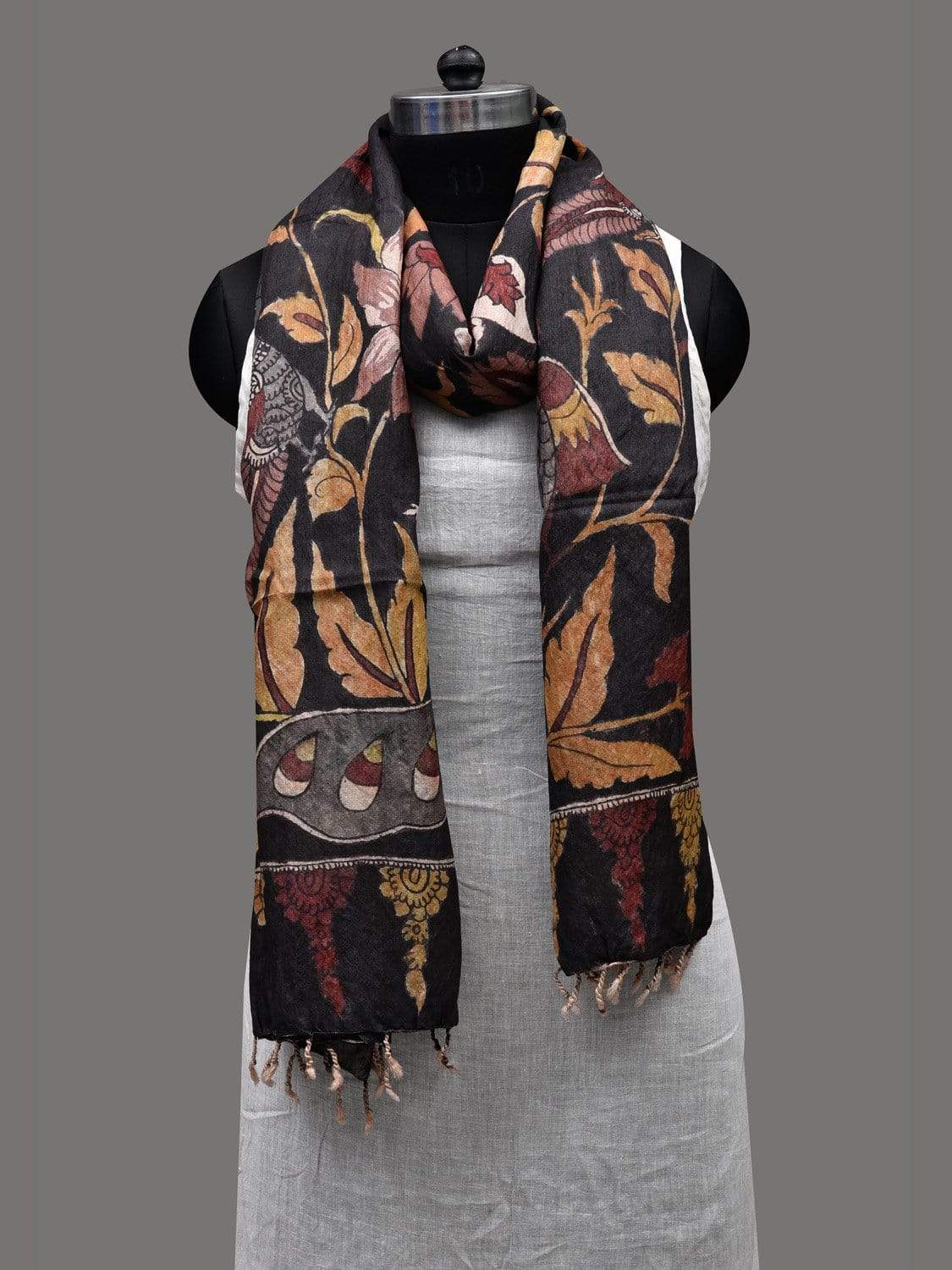 Black Kalamkari Hand Painted Tussar Handloom Dupatta with Lotus and Birds Design ds2409