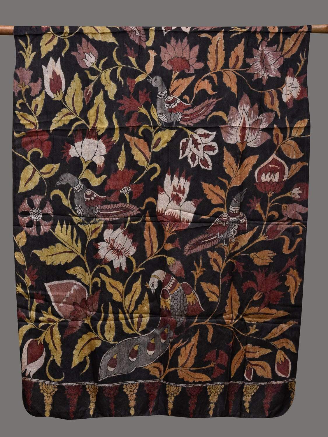 Black Kalamkari Hand Painted Tussar Handloom Dupatta with Lotus and Birds Design ds2409