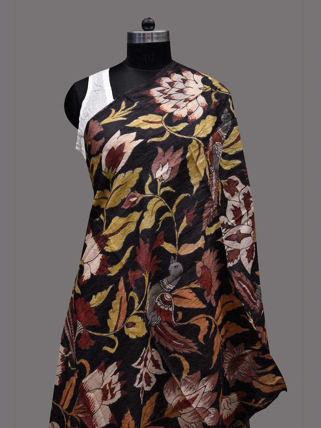 Black Kalamkari Hand Painted Tussar Handloom Dupatta with Lotus and Birds Design ds2409