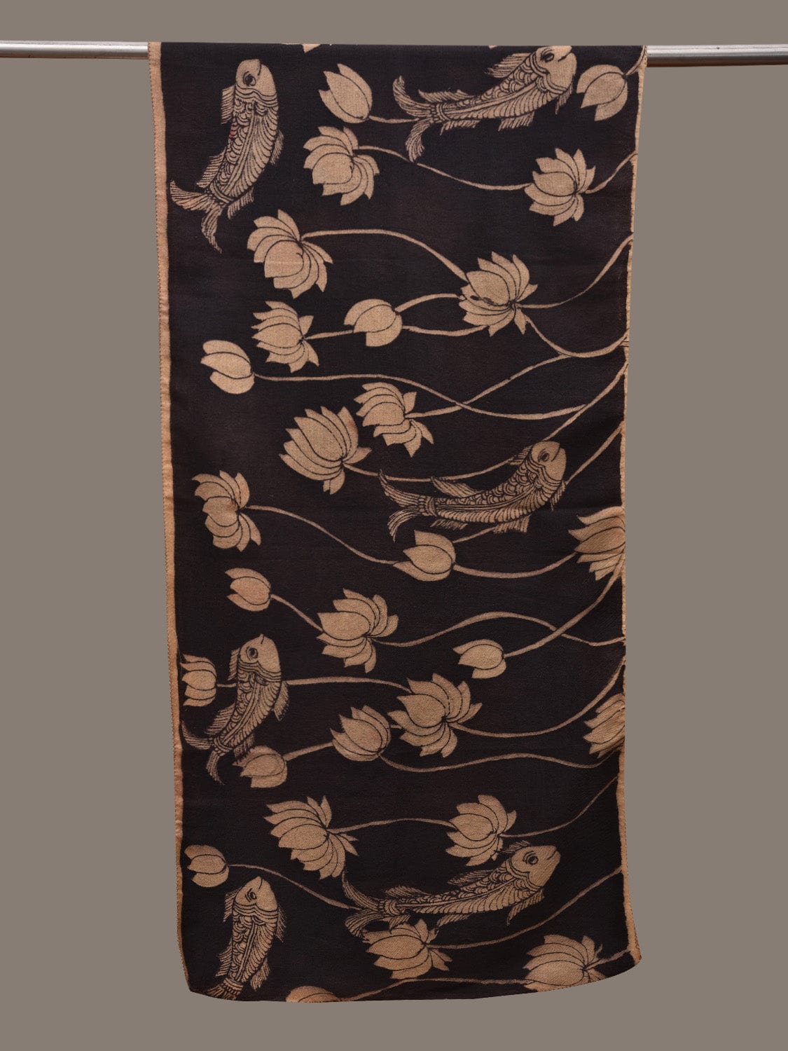 Black Kalamkari Hand Painted Woolen Handloom Stole with Lotus and Fish Design ds2780