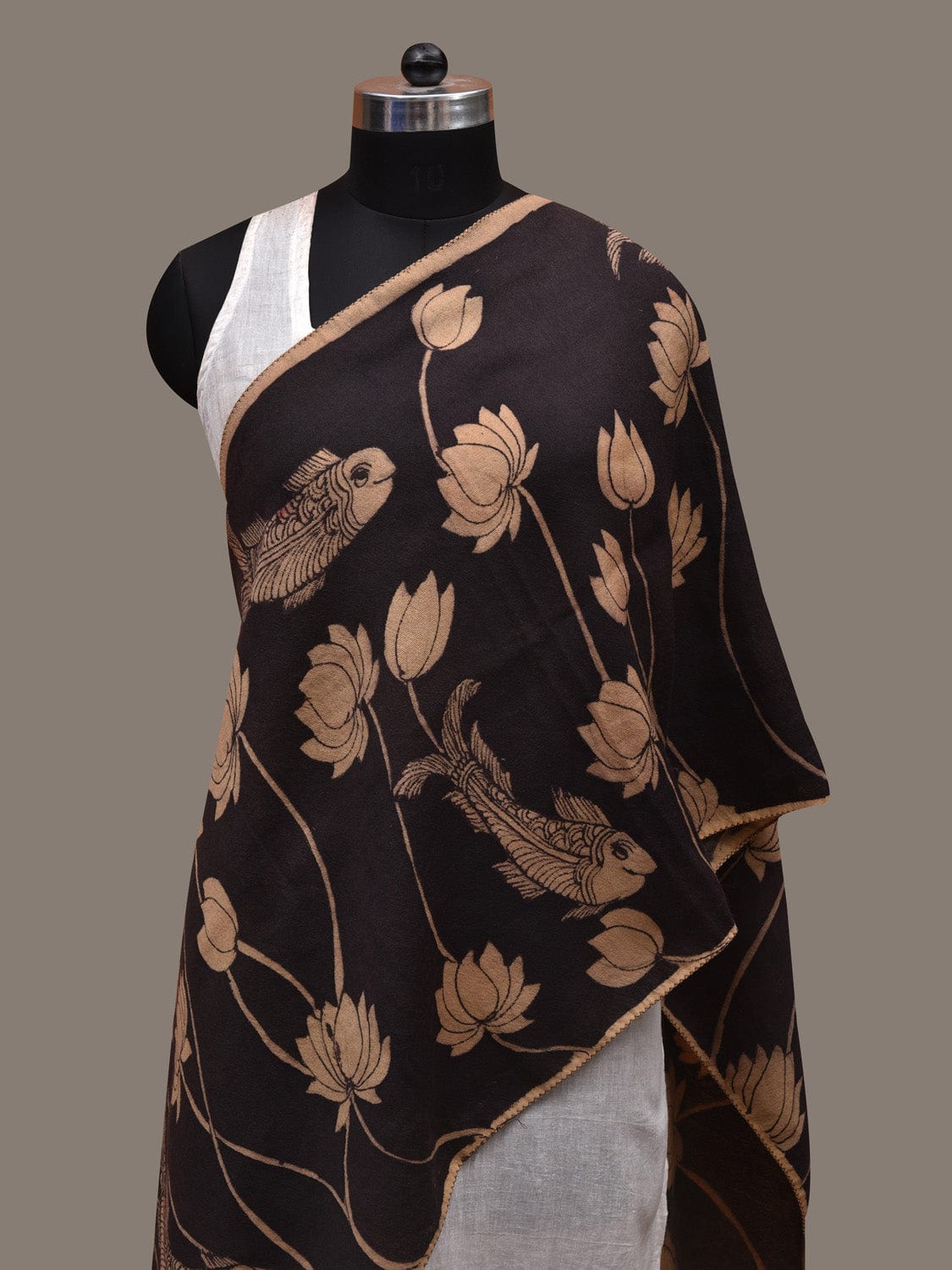 Black Kalamkari Hand Painted Woolen Handloom Stole with Lotus and Fish Design ds2780