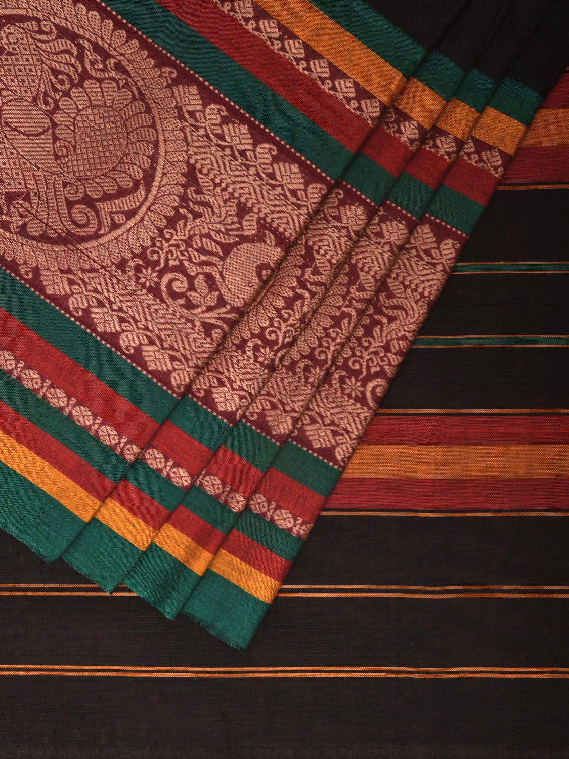 Black Kanchipuram Cotton Handloom Plain Saree with One Side Border Design No Blouse k0595