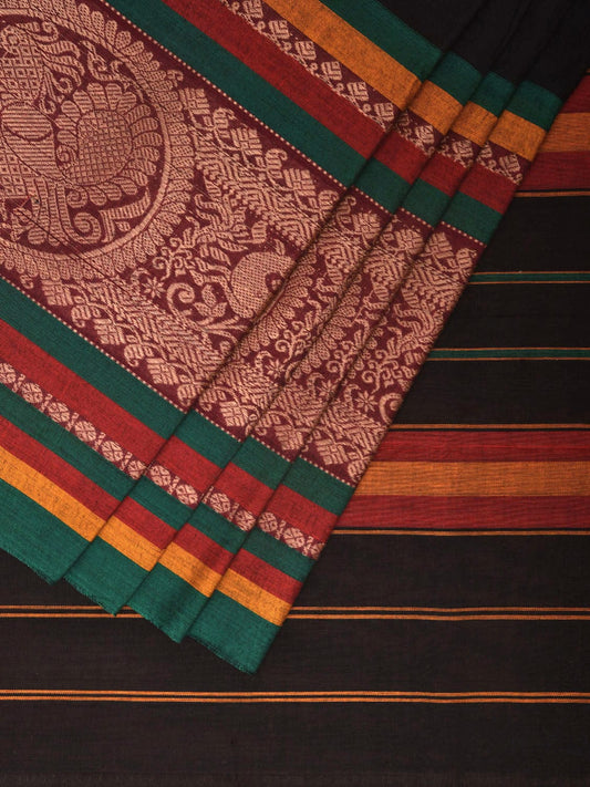Black Kanchipuram Cotton Handloom Plain Saree with One Side Border Design No Blouse k0595