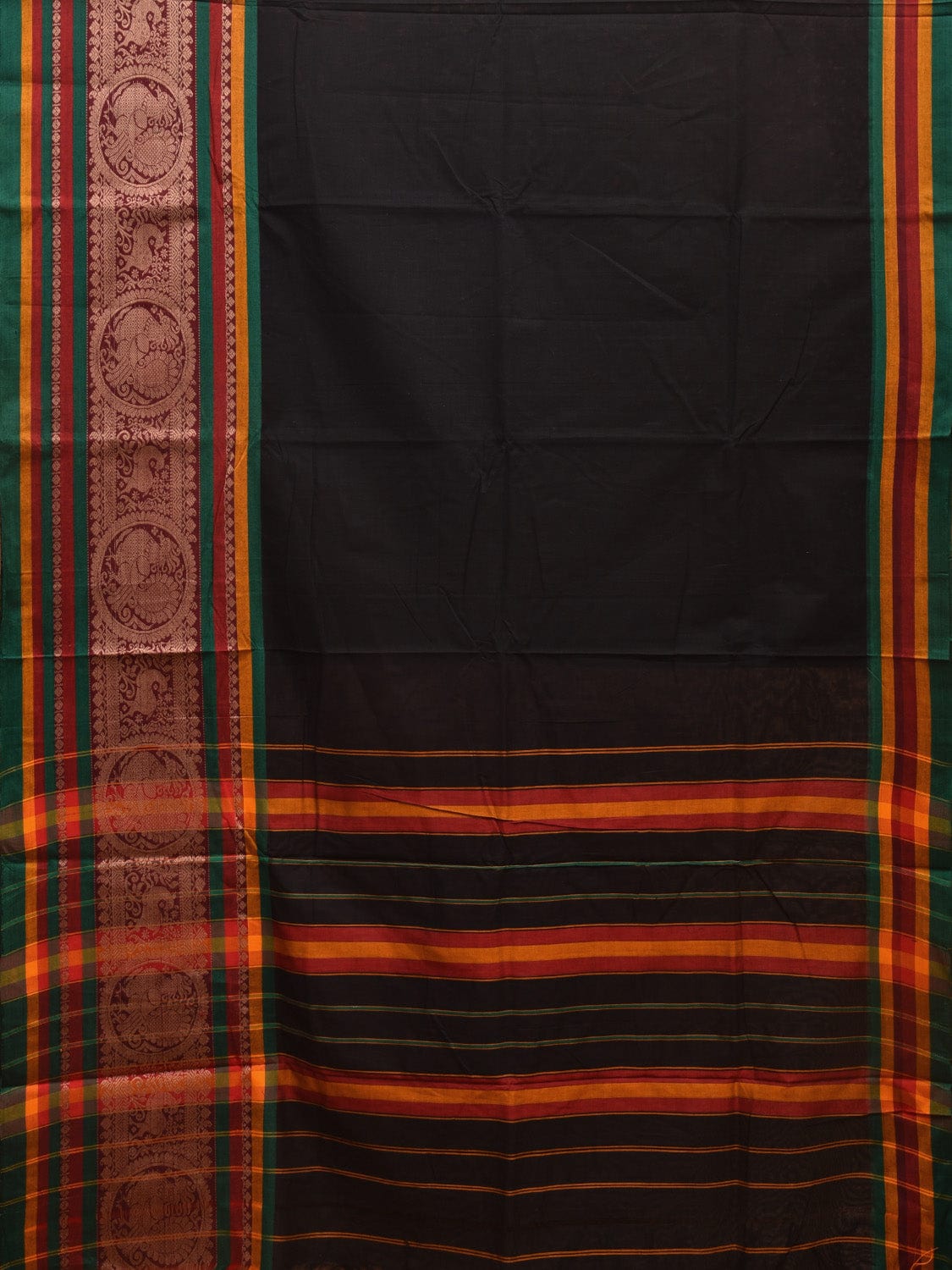 Black Kanchipuram Cotton Handloom Plain Saree with One Side Border Design No Blouse k0595