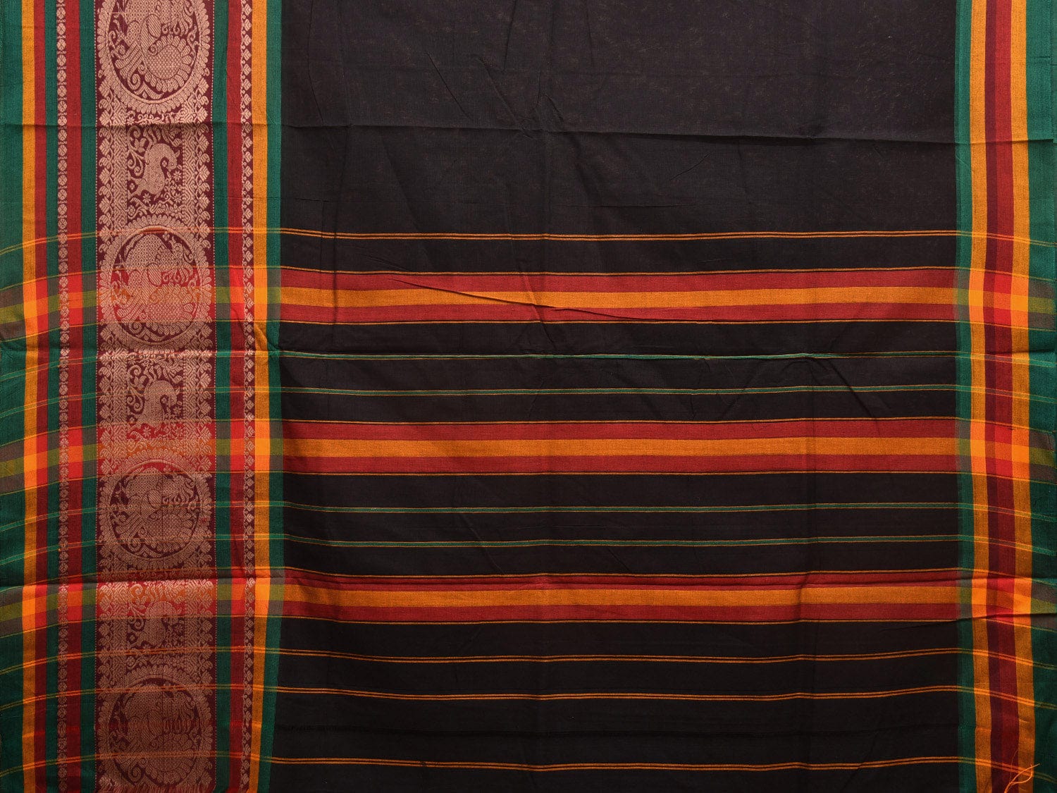 Black Kanchipuram Cotton Handloom Plain Saree with One Side Border Design No Blouse k0595