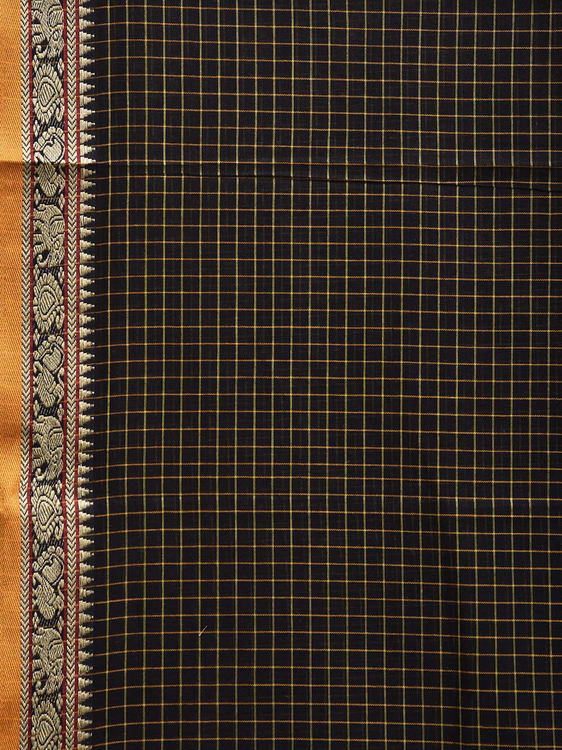 Black Kanchipuram Cotton Saree with Checks and Elephant Border Design No Blouse k0834