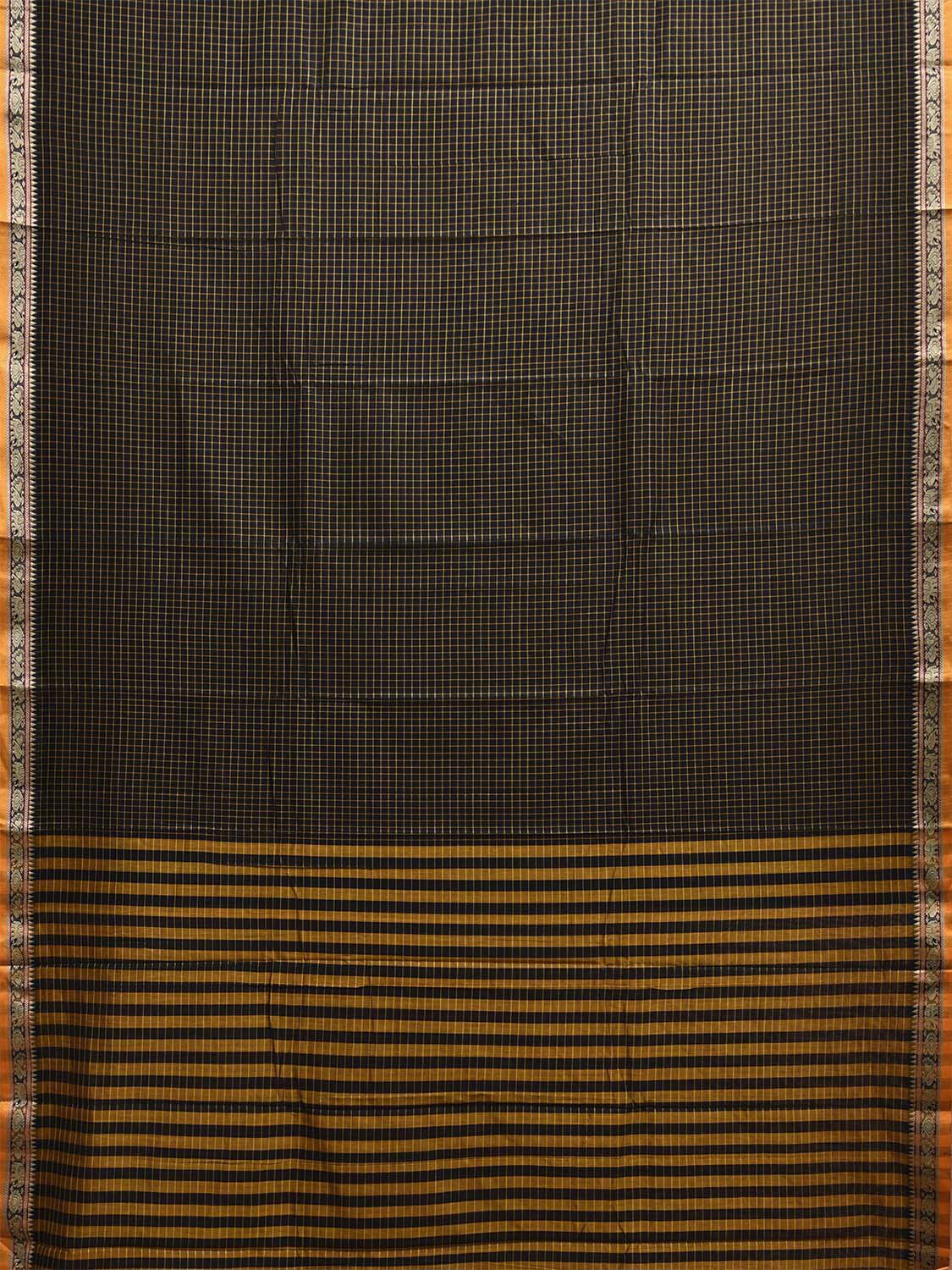 Black Kanchipuram Cotton Saree with Checks and Elephant Border Design No Blouse k0834