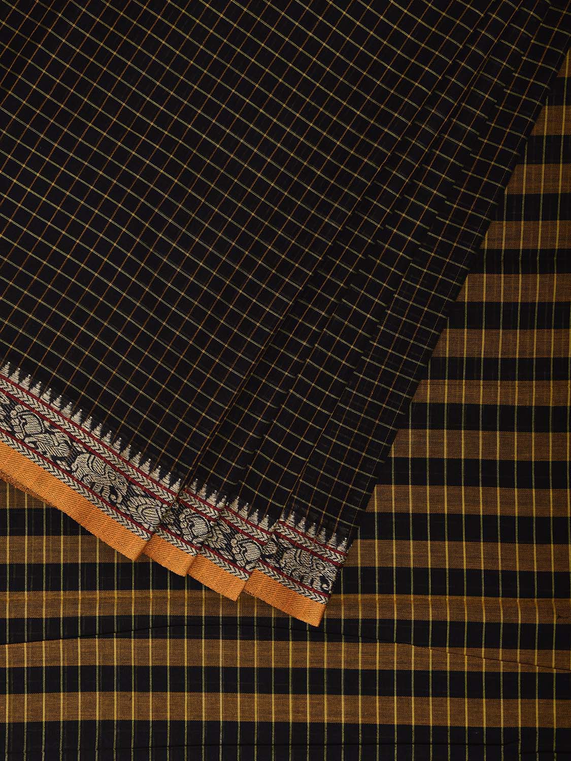 Black Kanchipuram Cotton Saree with Checks and Elephant Border Design No Blouse k0834