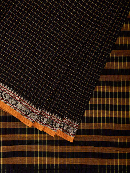 Black Kanchipuram Cotton Saree with Checks and Elephant Border Design No Blouse k0834