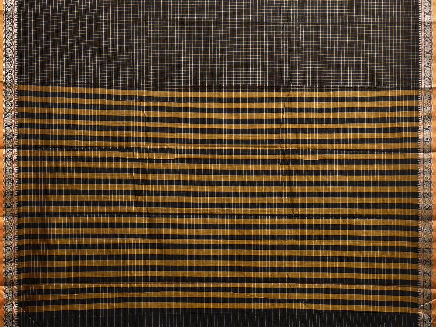 Black Kanchipuram Cotton Saree with Checks and Elephant Border Design No Blouse k0834