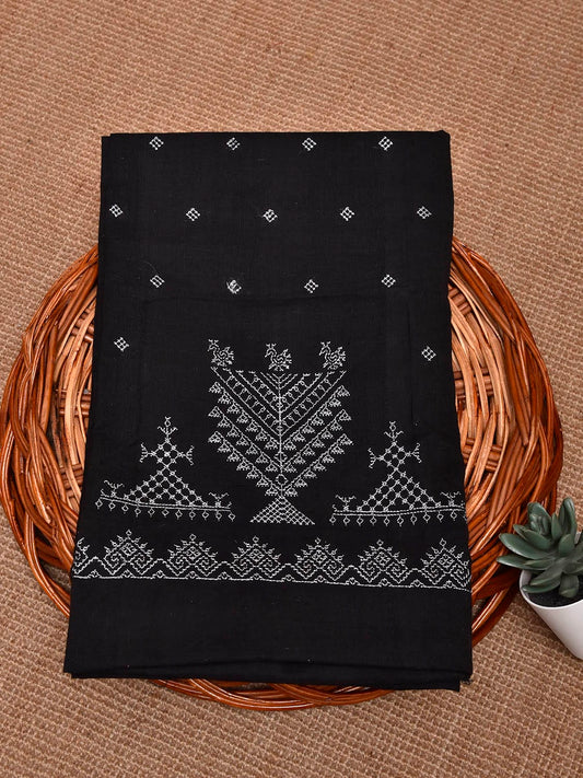 Black Kasuti Khadi Cotton Blouse with Peacock Design Length 1mt Width 44 Inches BL0151