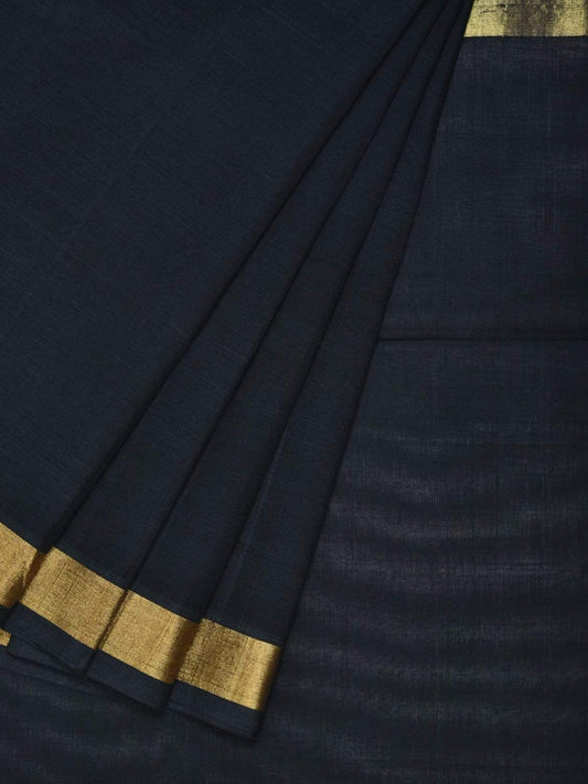Black Khadi Cotton Handloom Plain Saree with Zari Border Kh0434