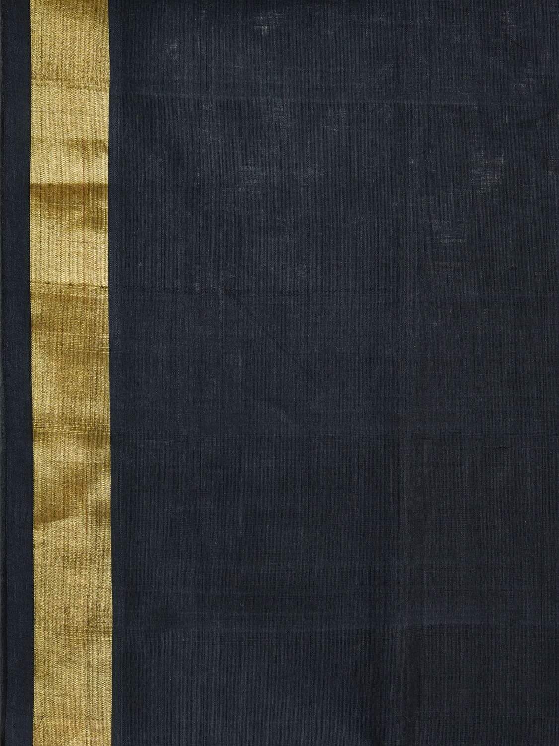 Black Khadi Cotton Handloom Plain Saree with Zari Border Kh0434