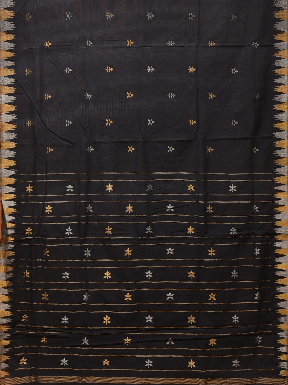 Black Khadi Cotton Handloom Saree Saree with Buta and Temple Border Design kh0604