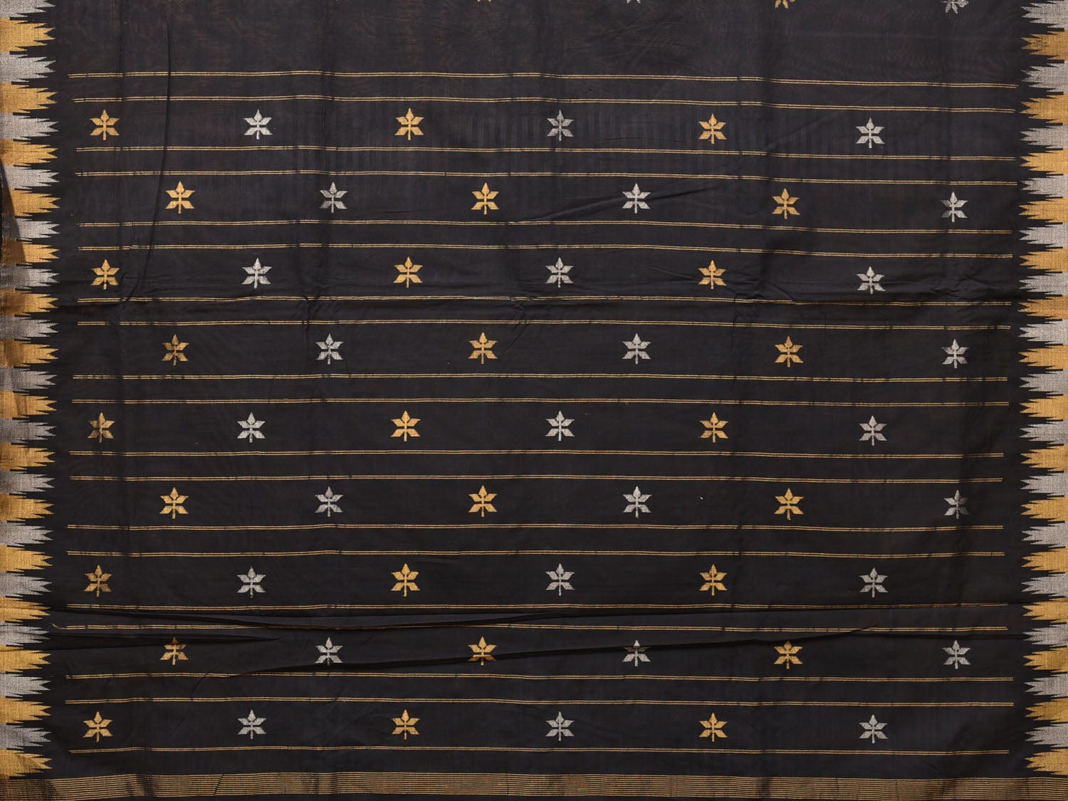 Black Khadi Cotton Handloom Saree Saree with Buta and Temple Border Design kh0604