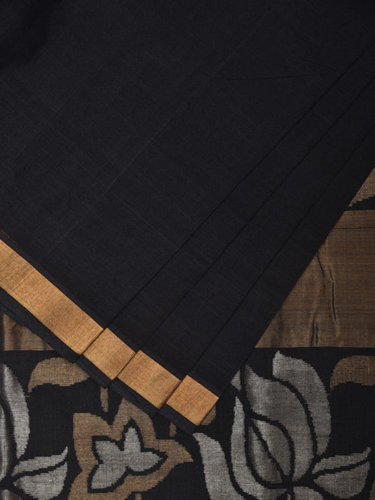 Black Khadi Cotton Handloom Saree with Floral Pallu Design kh0679