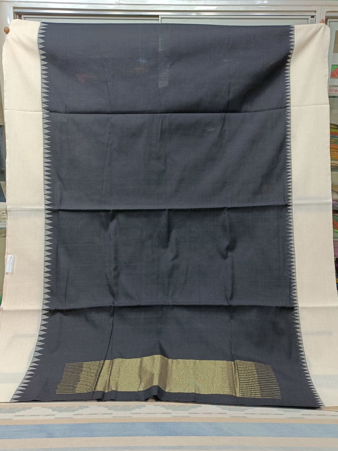 Black Khadi Cotton Handloom Saree with Temple Border Design Kh0482
