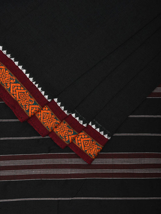 Black Narayanpet Cotton Handloom Plain Saree with Small Border and Strips Pallu Design np1044