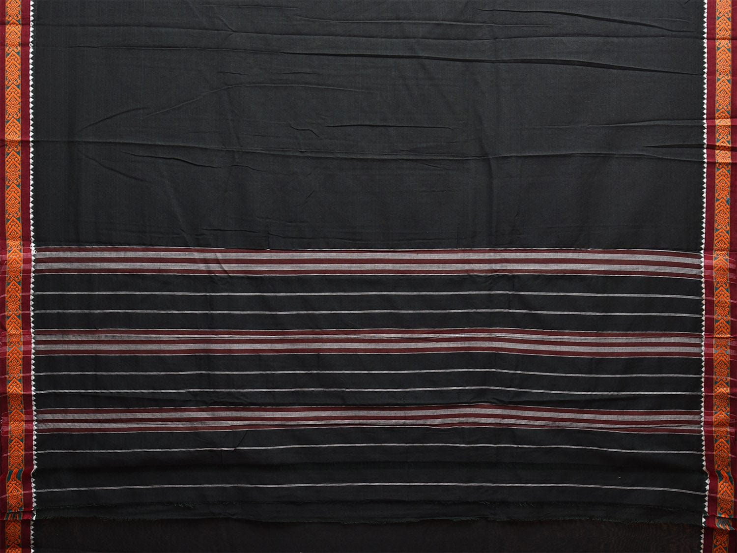 Black Narayanpet Cotton Handloom Plain Saree with Small Border and Strips Pallu Design np1044