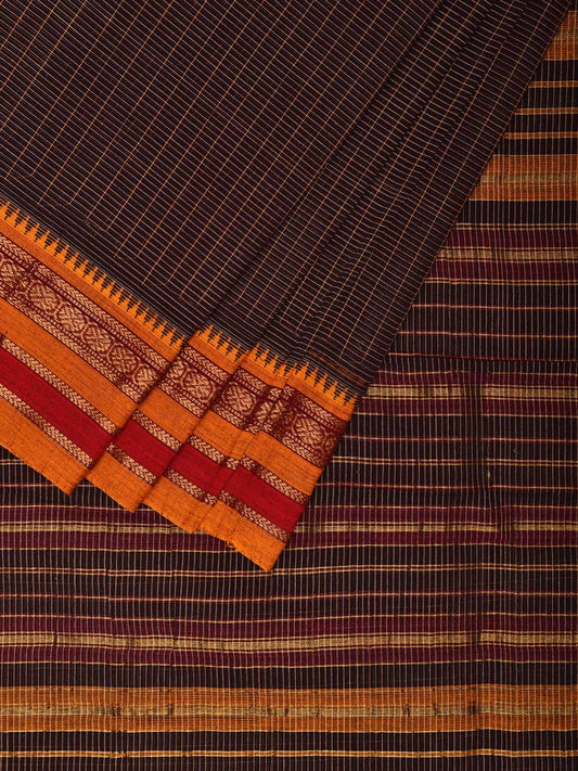Black Narayanpet Cotton Handloom Saree with Checks and Strips Pallu Design No Blouse np1046