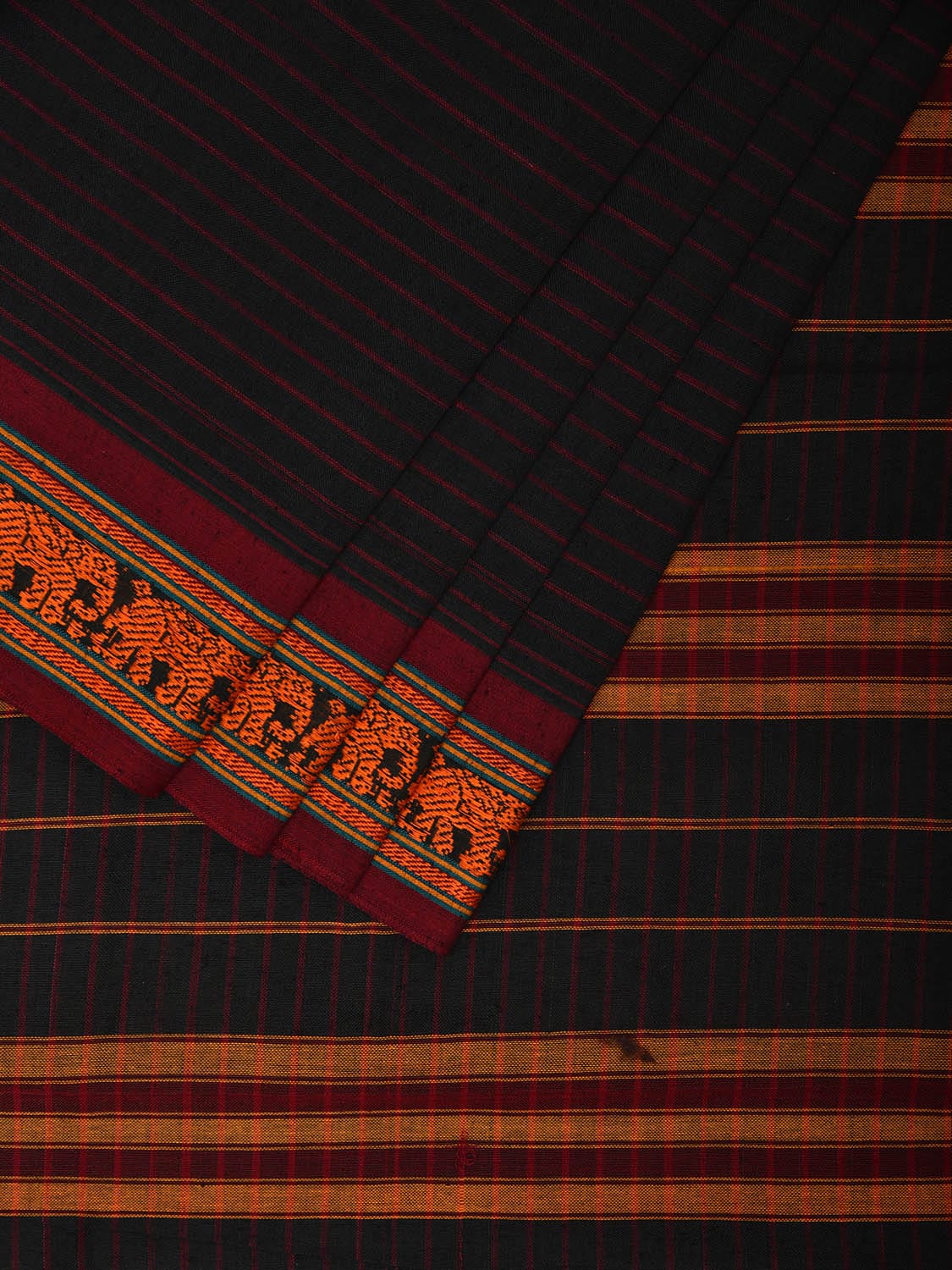 Black Narayanpet Cotton Handloom Saree with Elephant Border and Strips Design np1040