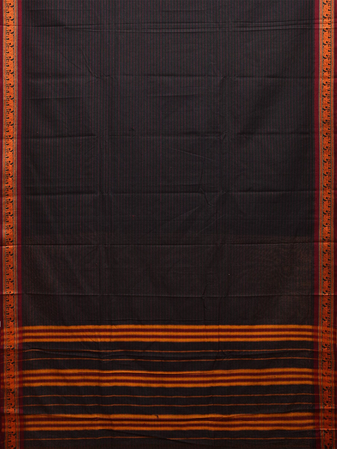 Black Narayanpet Cotton Handloom Saree with Elephant Border and Strips Design np1040