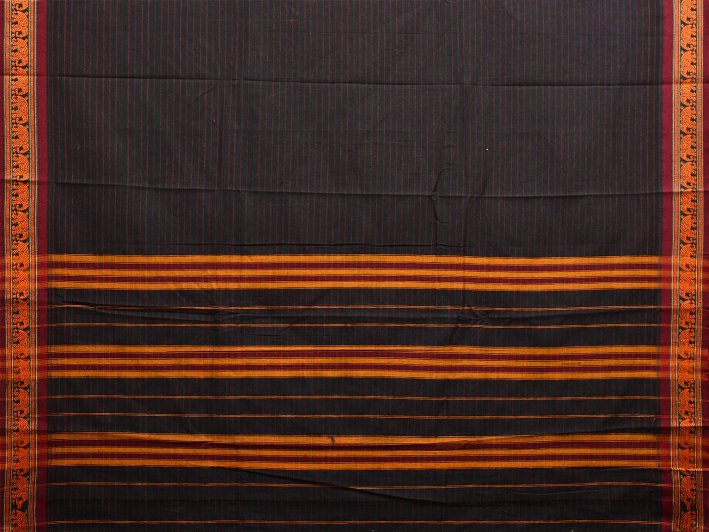 Black Narayanpet Cotton Handloom Saree with Elephant Border and Strips Design np1040