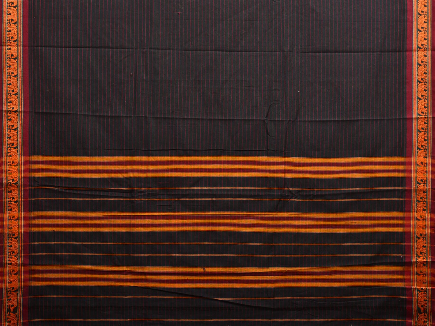 Black Narayanpet Cotton Handloom Saree with Elephant Border and Strips Design np1040