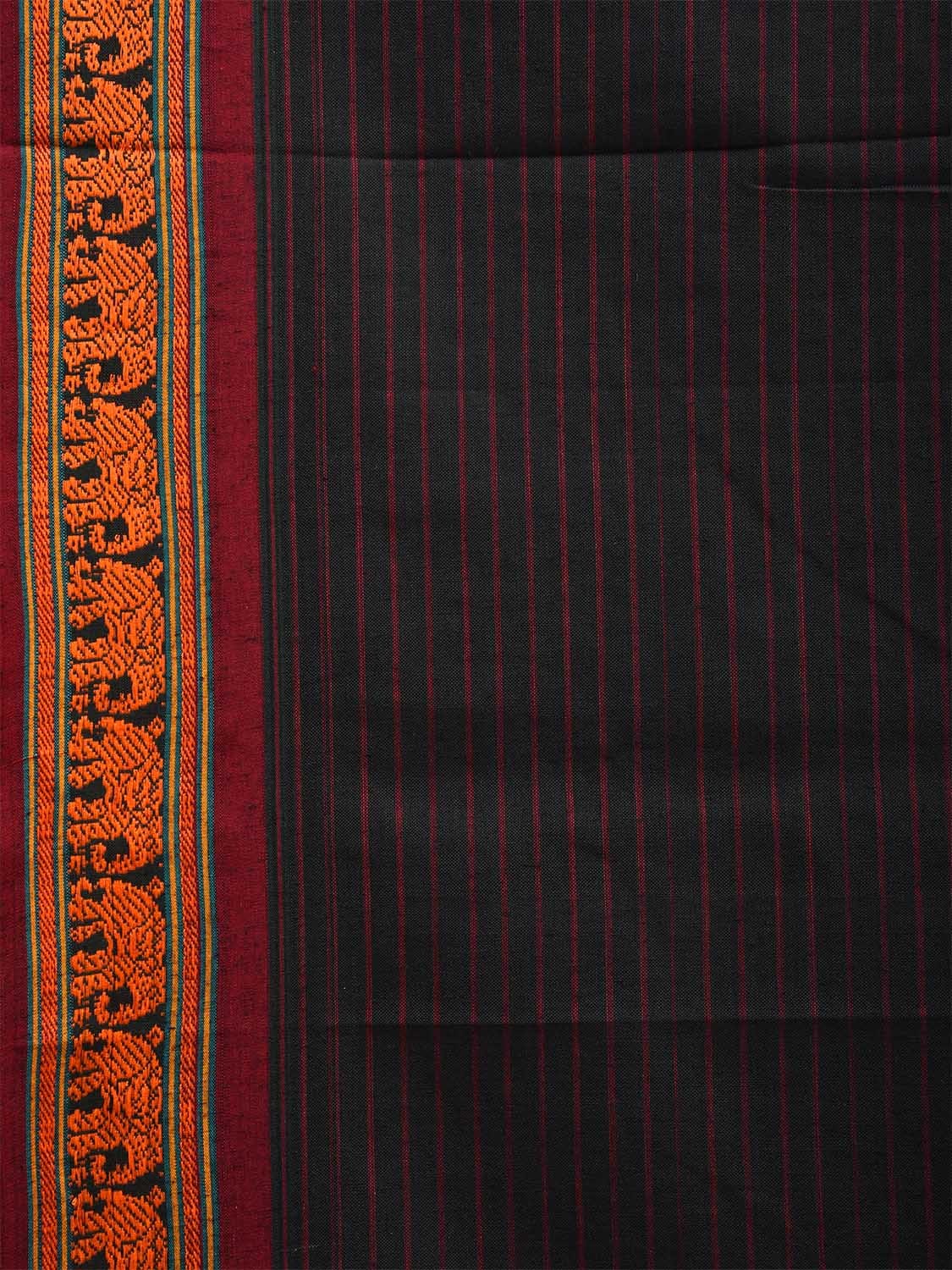 Black Narayanpet Cotton Handloom Saree with Elephant Border and Strips Design np1040