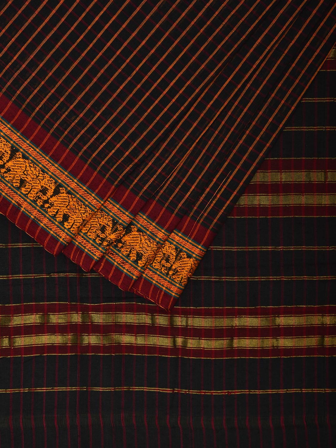 Black Narayanpet Cotton Handloom Saree with Elephant Border and Strips Design np1042