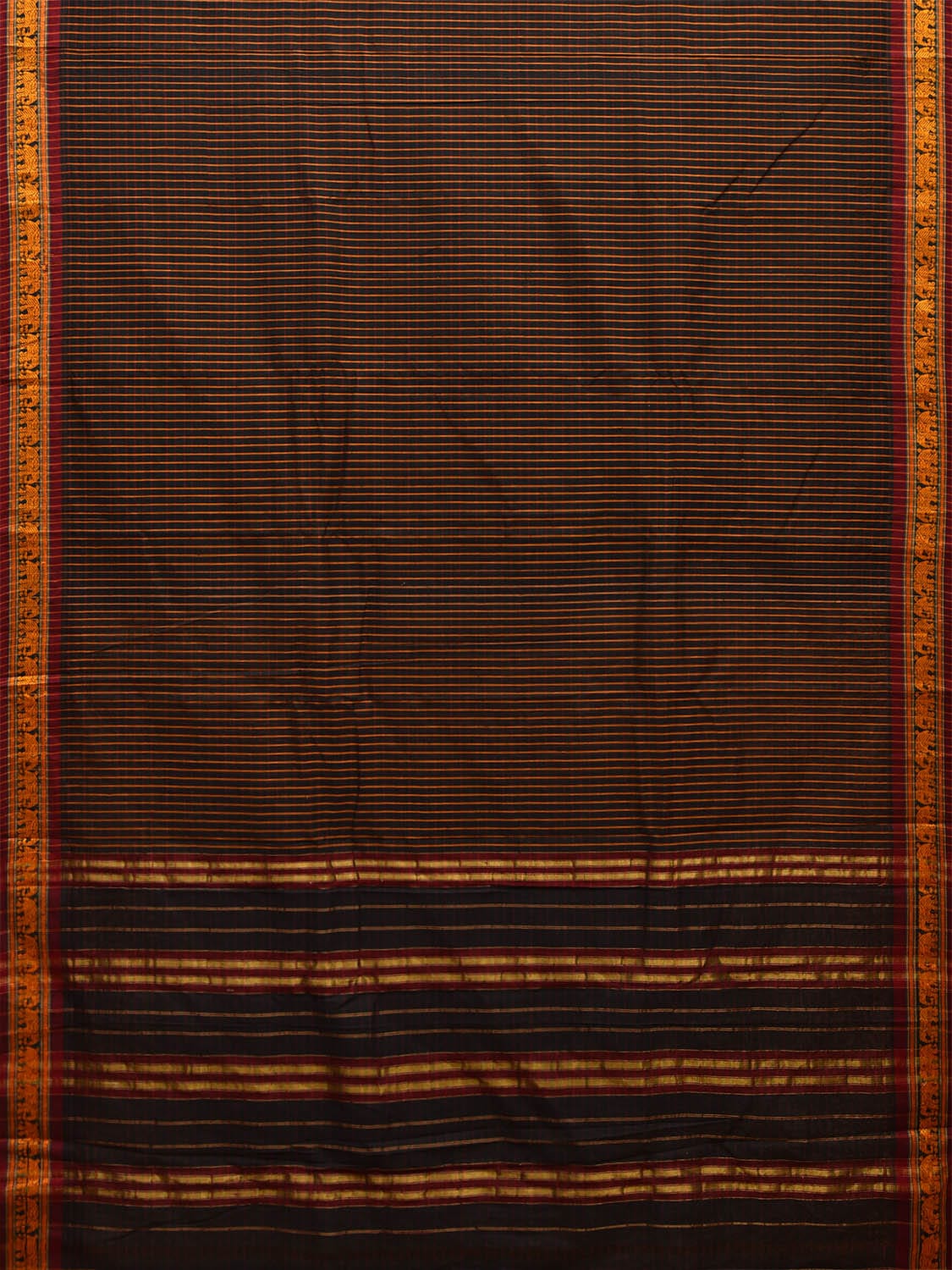 Black Narayanpet Cotton Handloom Saree with Elephant Border and Strips Design np1042