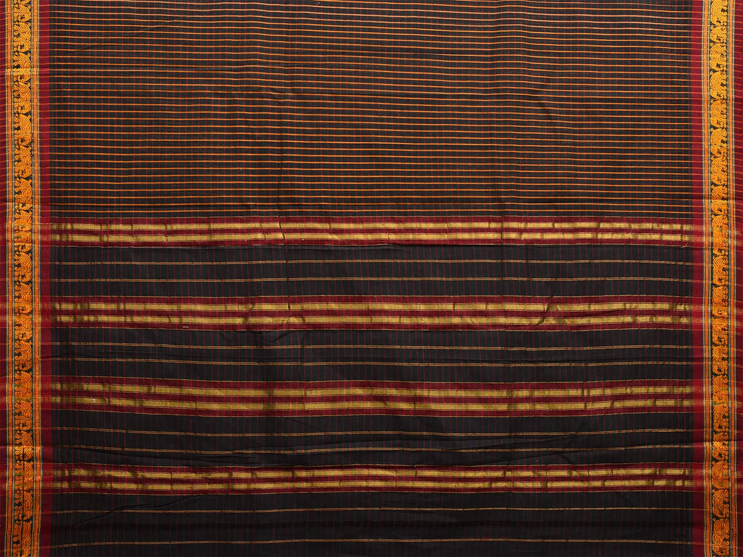 Black Narayanpet Cotton Handloom Saree with Elephant Border and Strips Design np1042