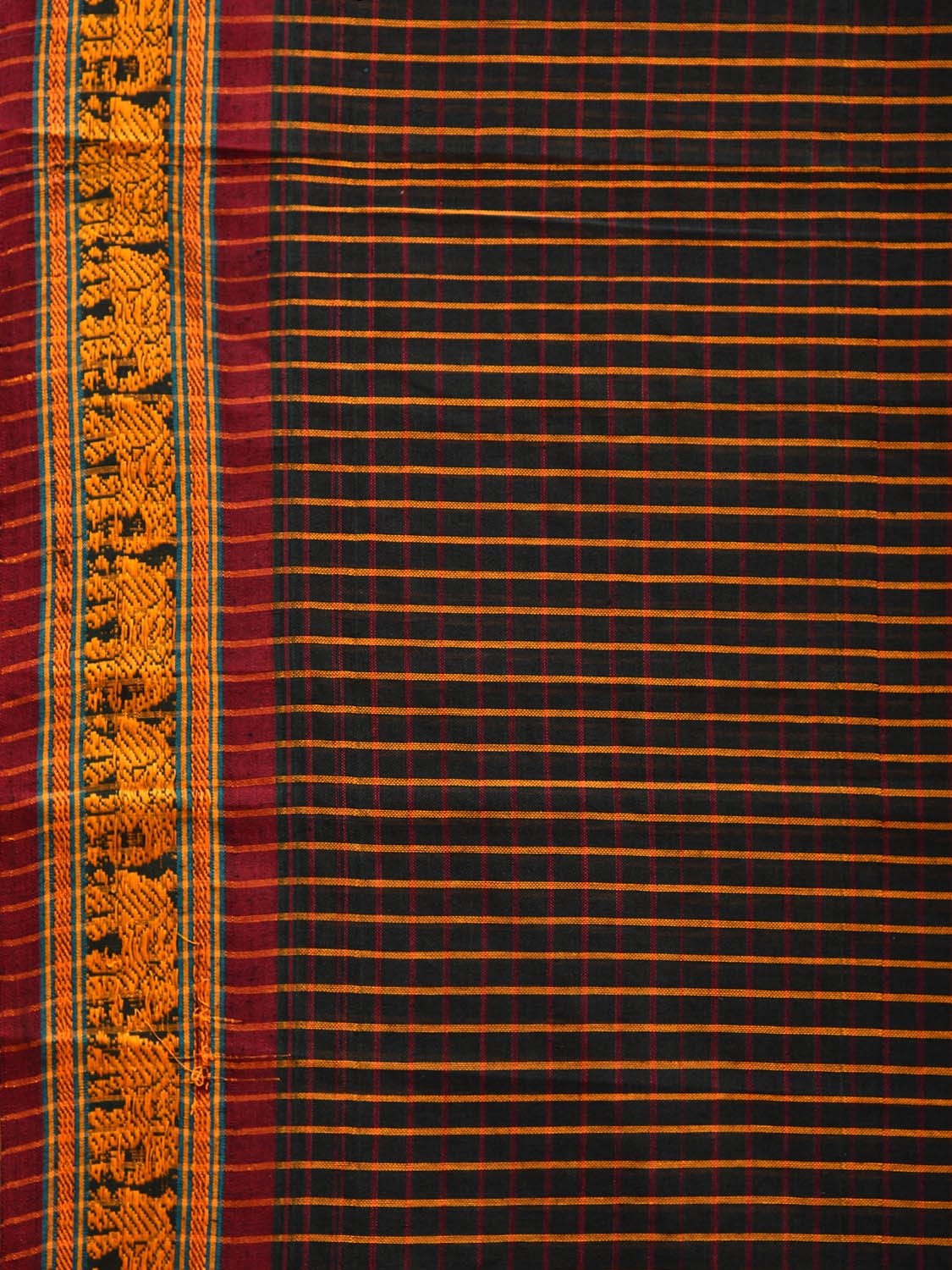 Black Narayanpet Cotton Handloom Saree with Elephant Border and Strips Design np1042