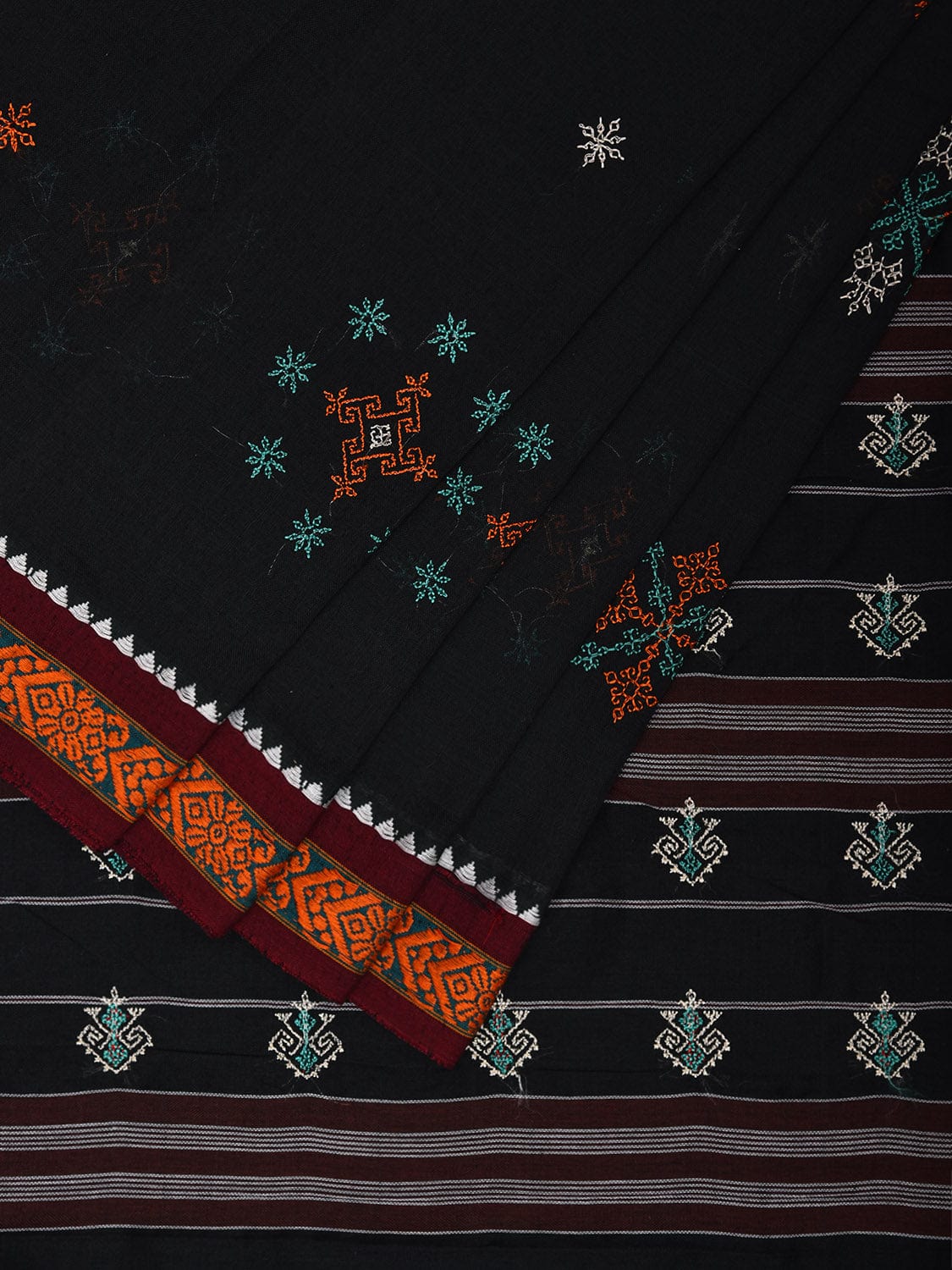 Black Narayanpet Cotton Handloom Saree with Kasuti Work and Strips Pallu Design No Blouse o0648