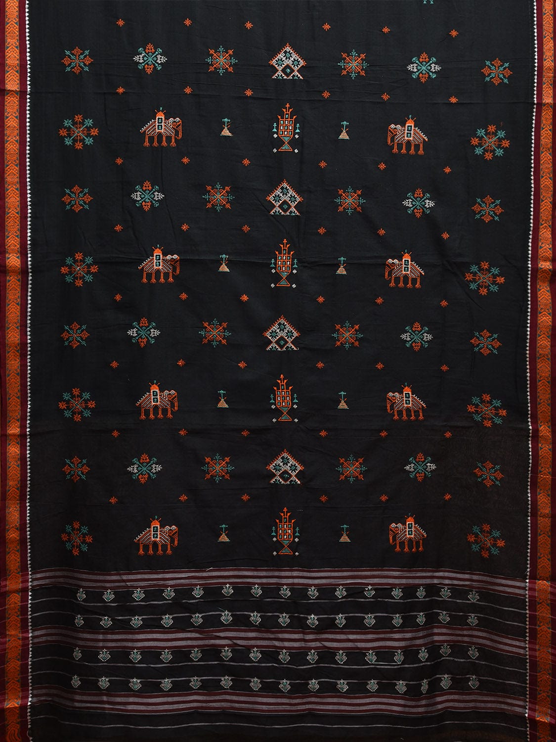 Black Narayanpet Cotton Handloom Saree with Kasuti Work and Strips Pallu Design No Blouse o0648