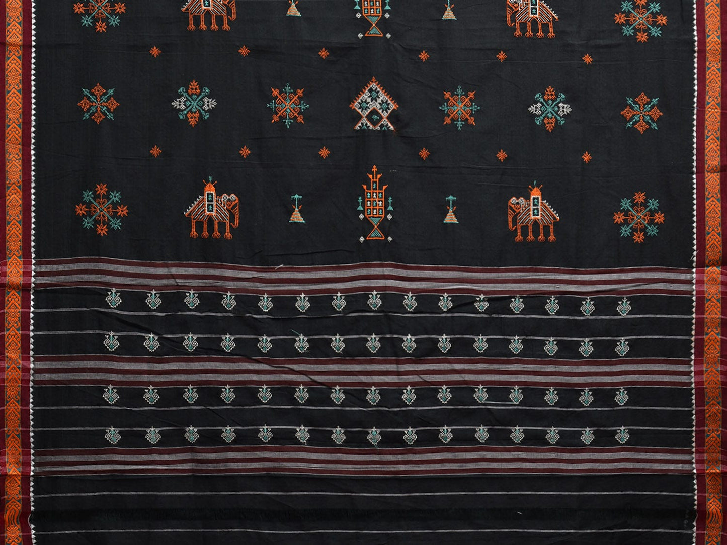 Black Narayanpet Cotton Handloom Saree with Kasuti Work and Strips Pallu Design No Blouse o0648