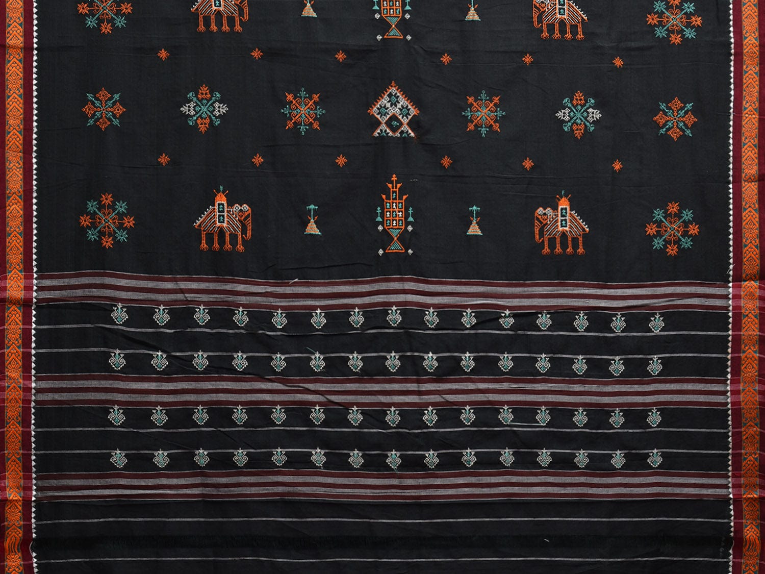 Black Narayanpet Cotton Handloom Saree with Kasuti Work and Strips Pallu Design No Blouse o0648